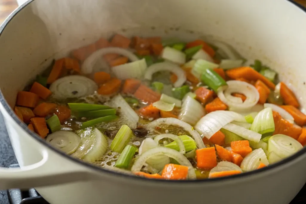 Onions, carrots, and celery sautéing in a pot for Moroccan Vegetable Soup