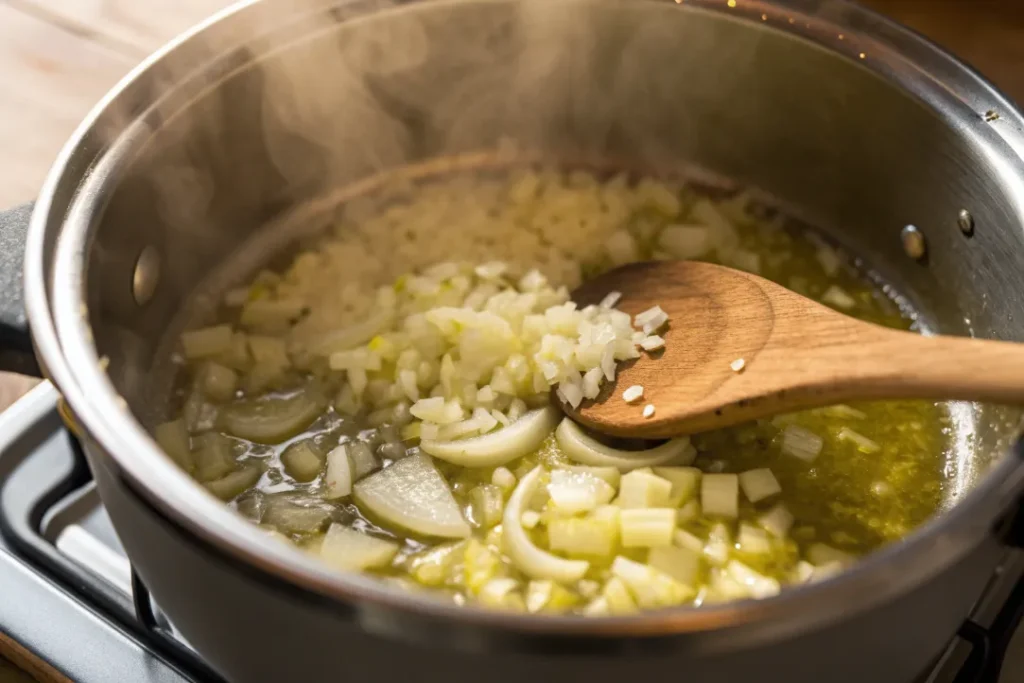 Cooking onions and garlic in butter for Instant Pot Shrimp Risotto with Peas