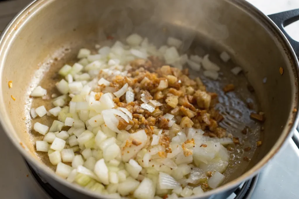 Onions and garlic softening in a pot with olive oil