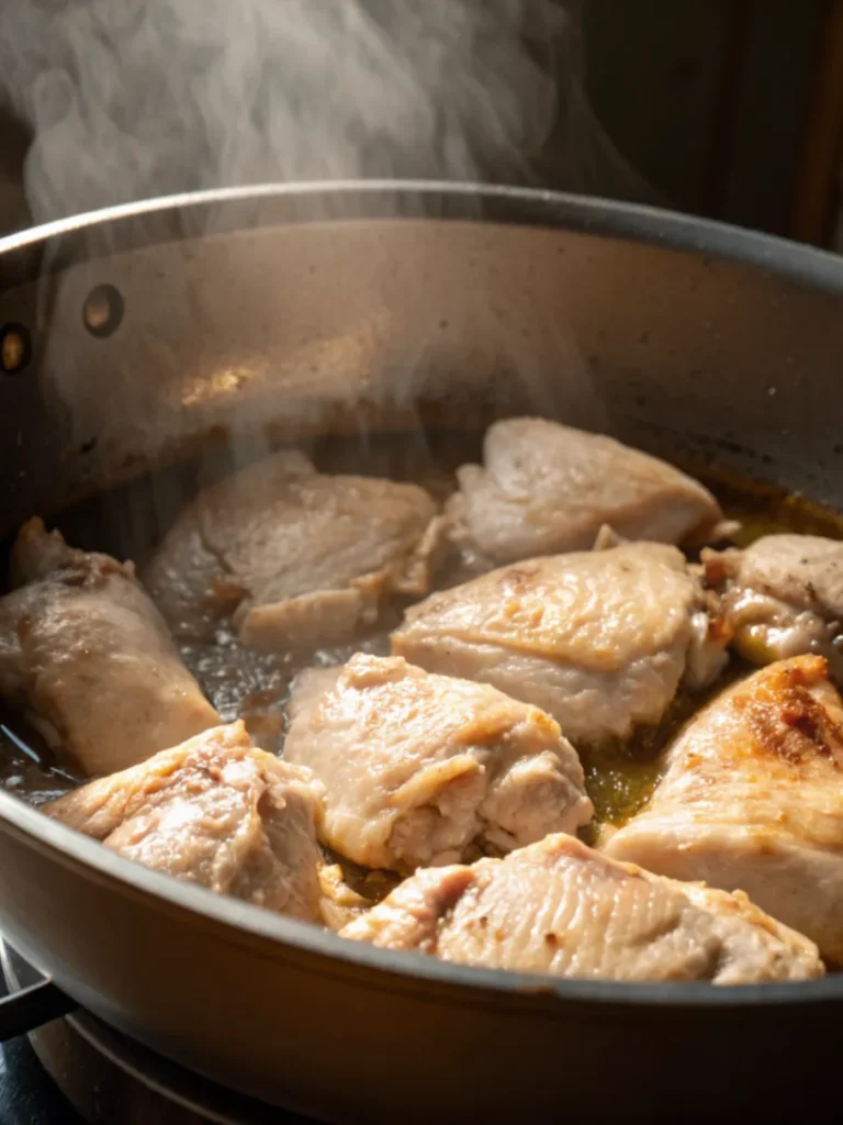 Chicken pieces being seared in a pot to build flavor for Asian Chicken and Rice.