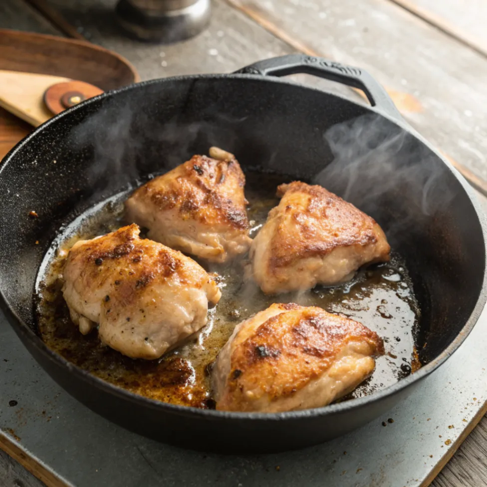 Chicken pieces browning in a skillet to prepare Asian Style Honey Chicken