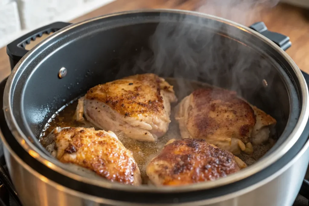 Chicken with prosciutto searing in an Instant Pot on sauté mode