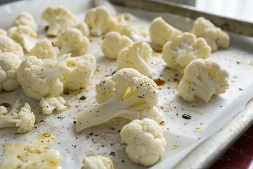 Cauliflower florets coated with oil, salt and pepper on a baking sheet before roasting.