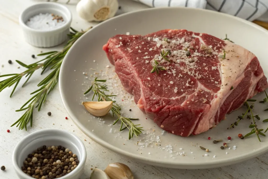 Raw chuck roast seasoned with herbs and spices to begin Italian Beef Sandwiches