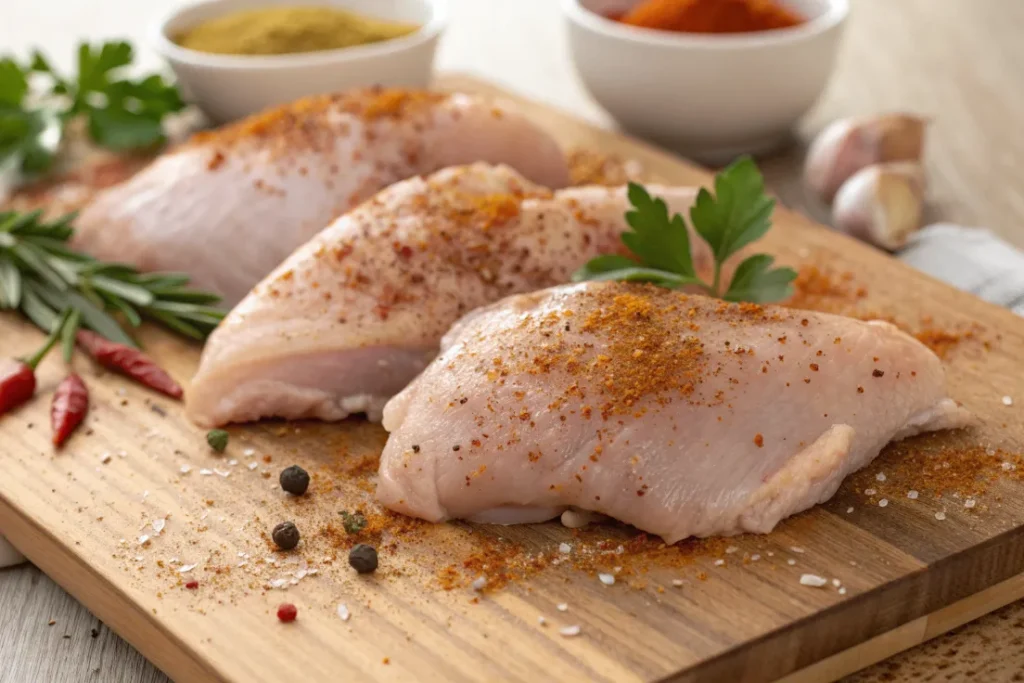 Close up of raw chicken pieces being seasoned with Moroccan spices on a wooden board.