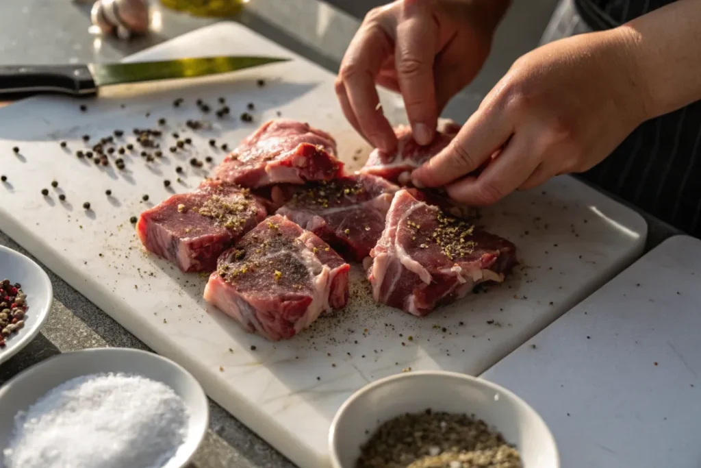 Close-up of lamb pieces being seasoned for Lamb Potatoes and Olives Tagine