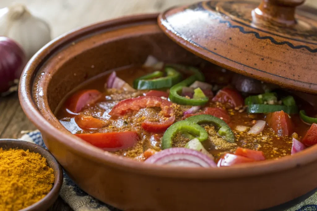Tomato sauce simmering with Moroccan spices in a tagine