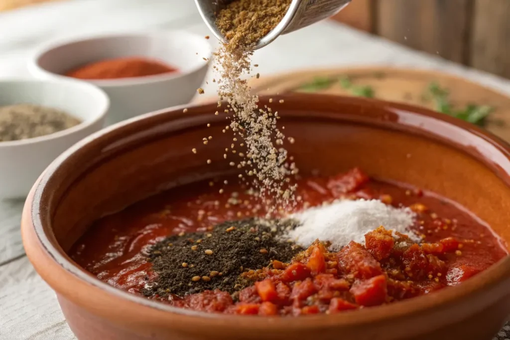 Spices being added to tomato sauce for Moroccan kefta meatballs tagine.