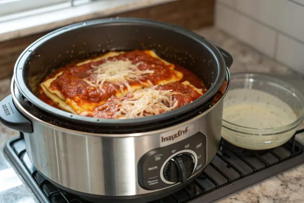 Instant Pot with trivet and lasagna pan ready for pressure cooking