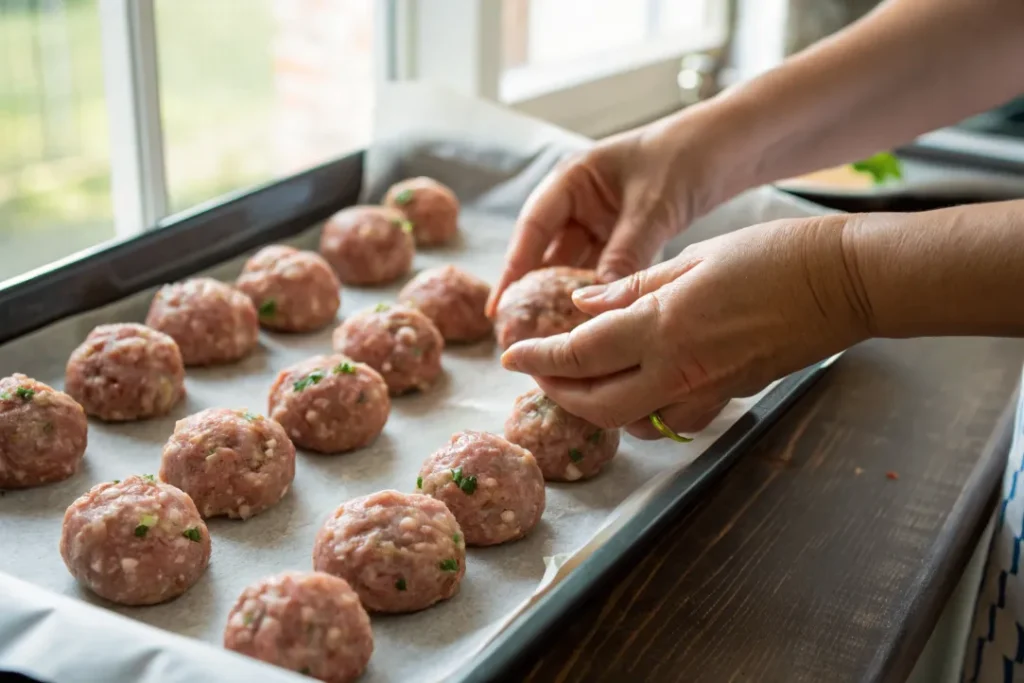 Hands shaping raw chef john's italian meatballs on a parchment-lined tray