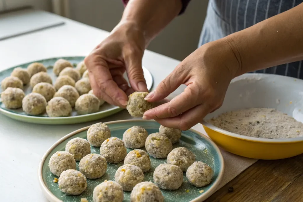 Hands forming sardine balls and placing them on a plate