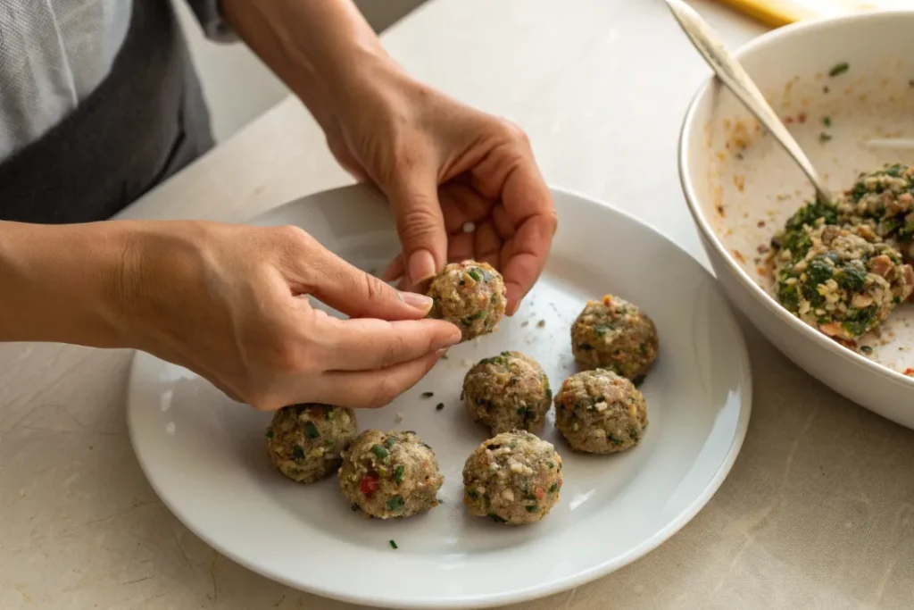 Hands forming Moroccan Sardine Balls from seasoned sardine mixture