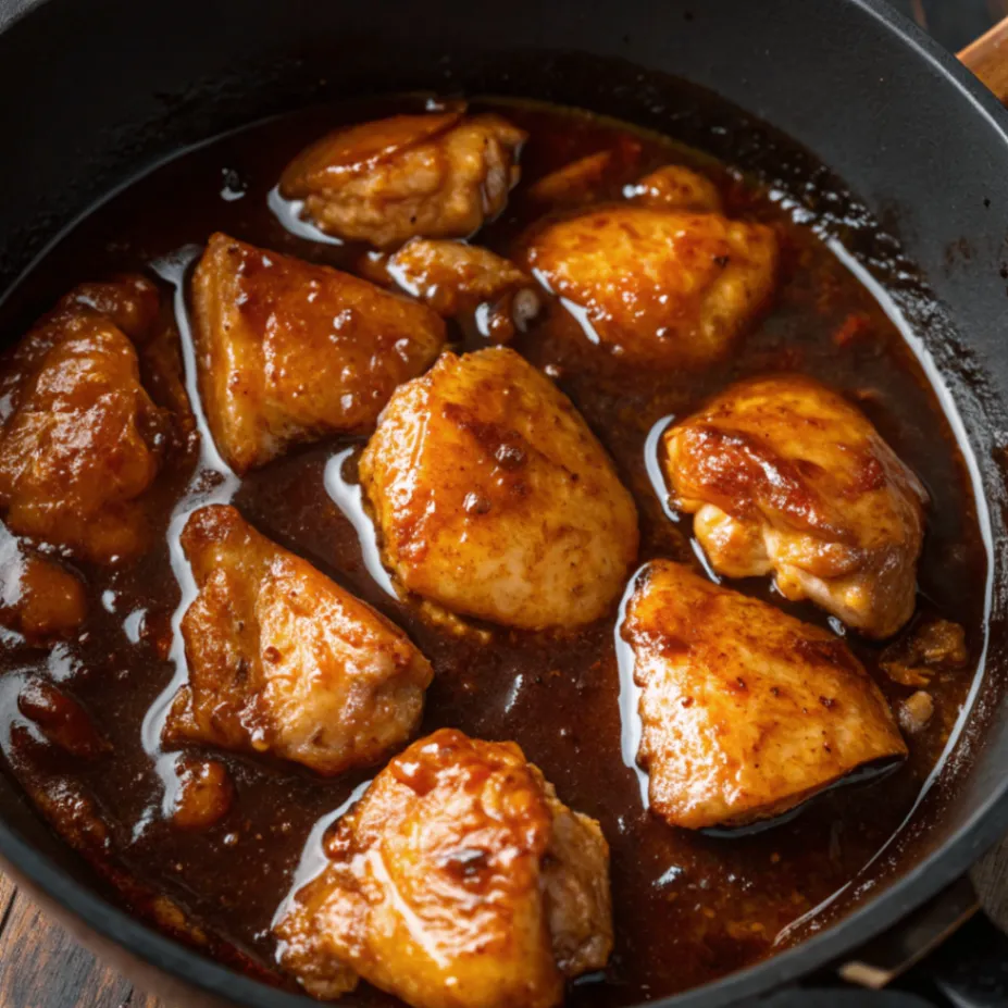 Chicken simmering in a thick honey soy glaze for Asian Style Honey Chicken