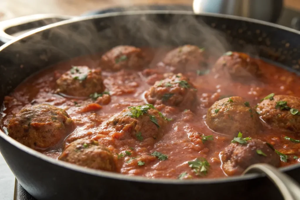 Chef john's italian meatballs simmering in homemade marinara sauce