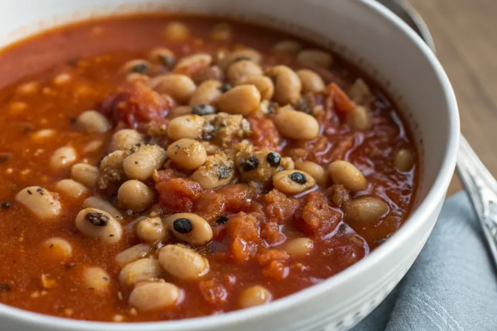 Black-eyed peas simmering in tomato broth for Moroccan stew