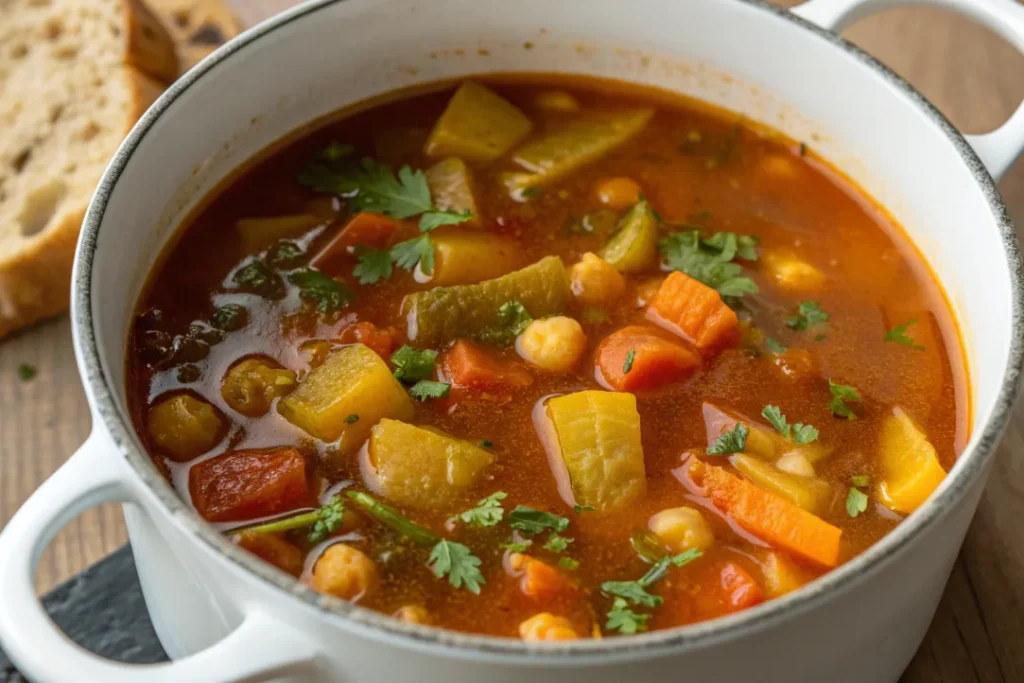 Moroccan Vegetable Soup simmering with vegetables becoming tender