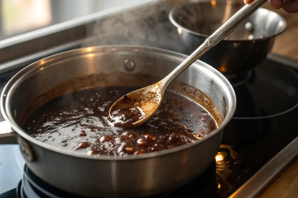 Thickening the leftover Asian marinade in a saucepan to create a glossy glaze