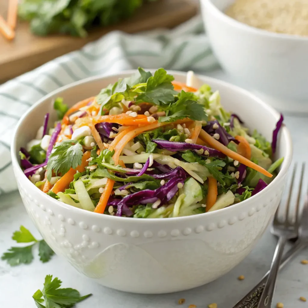 A bowl of colorful Asian Coleslaw with sesame dressing, featuring cabbage, carrots, and sesame seeds