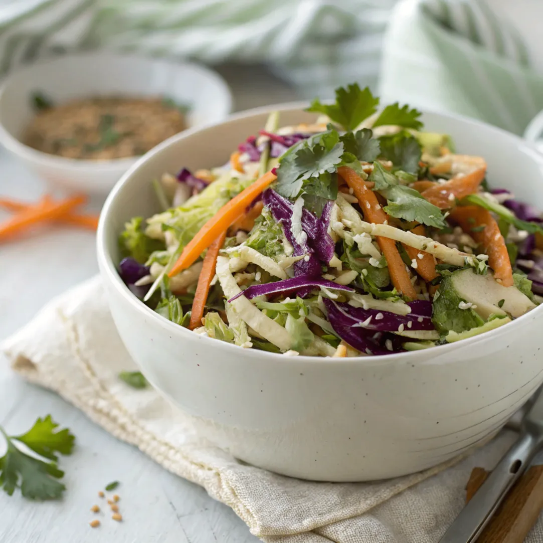 A bowl of colorful Asian Coleslaw with sesame dressing, featuring cabbage, carrots, and sesame seeds