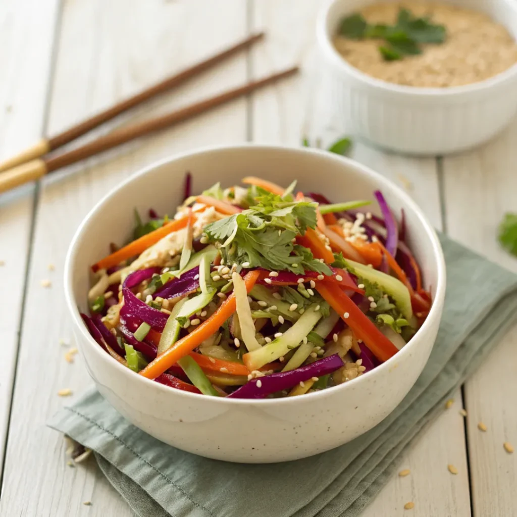 A bowl of colorful Asian Coleslaw with sesame dressing, featuring cabbage, carrots, and sesame seeds