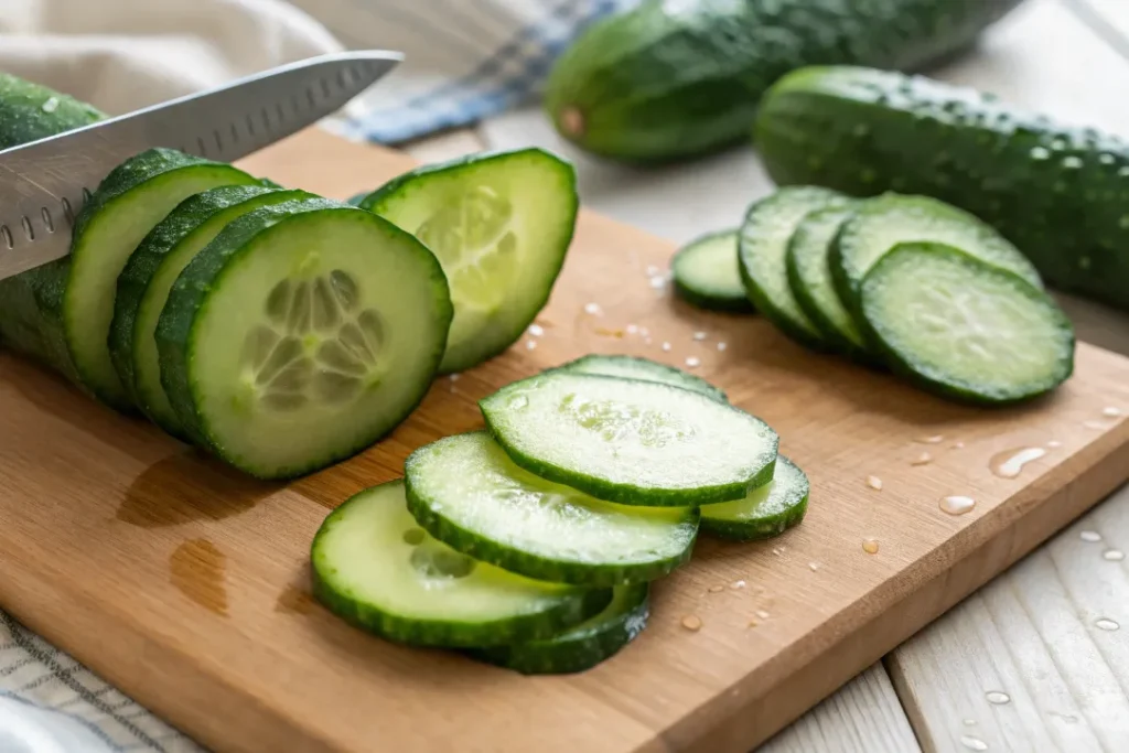 Thinly sliced fresh cucumbers on a cutting board for cucumbers in rice vinegar recipe