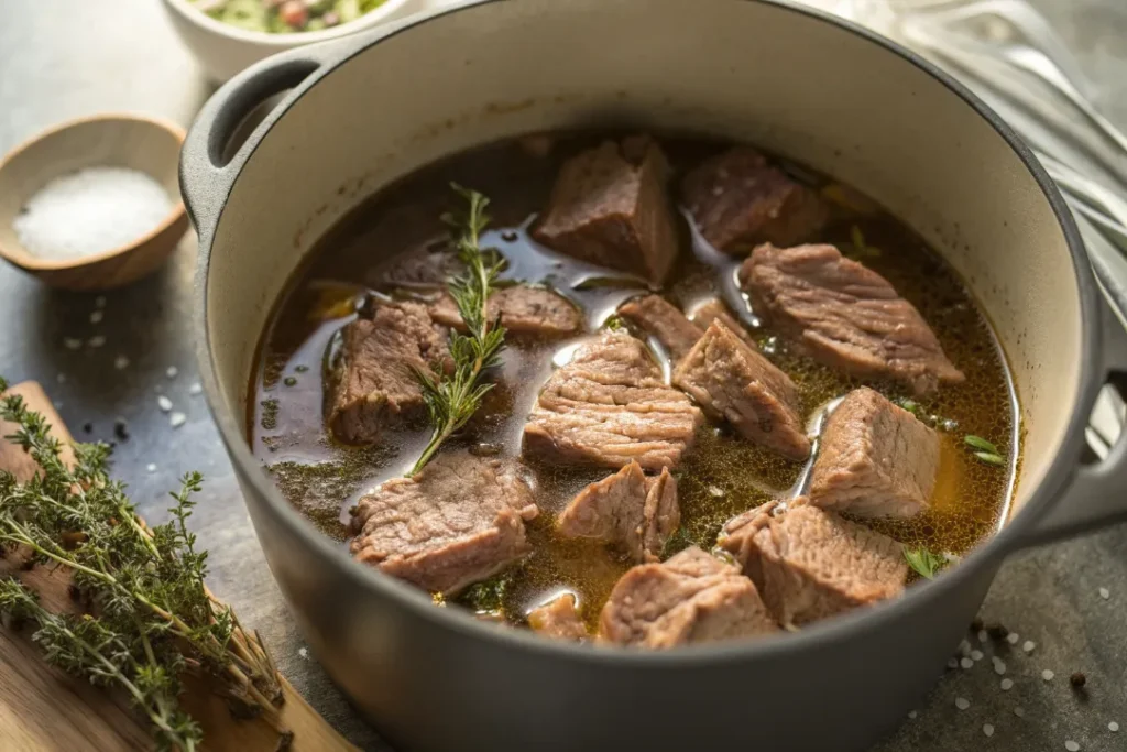 Beef simmering in broth during the slow cooking stage for Italian Beef Sandwiches