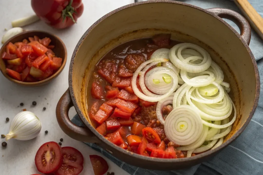 Onions, tomato paste, and tomatoes cooking in a tagine to make tomato sauce.