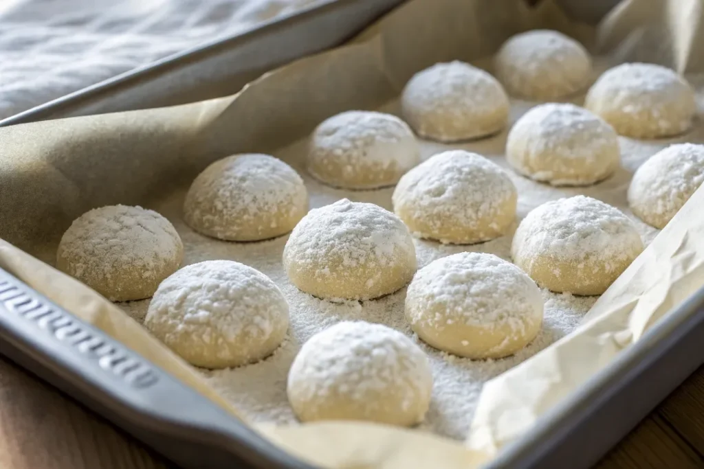 Italian Wedding Cookies cooled and stored in an airtight container with parchment.
