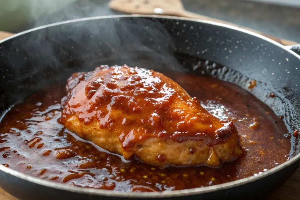 Sticky honey-soy glaze simmering over chicken thighs in a pan