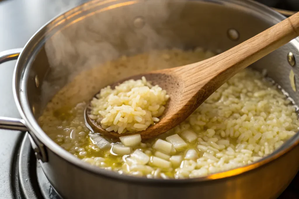Arborio rice toasting in butter for Instant Pot Shrimp Risotto with Peas