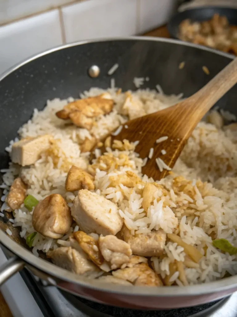 Rinsed rice being added to the pot to toast with aromatics for Asian Chicken and Rice.