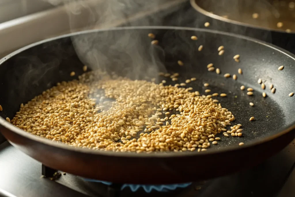 Golden sesame seeds toasting in a skillet for Asian Coleslaw dressing