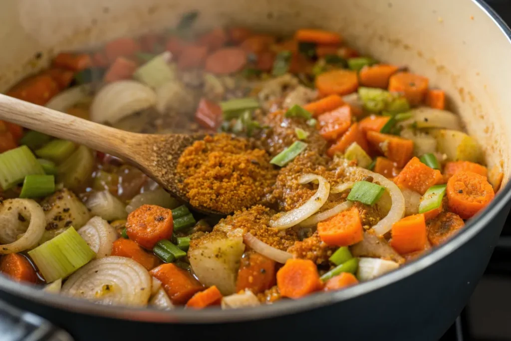 Moroccan spices added to vegetables while cooking Moroccan Vegetable Soup