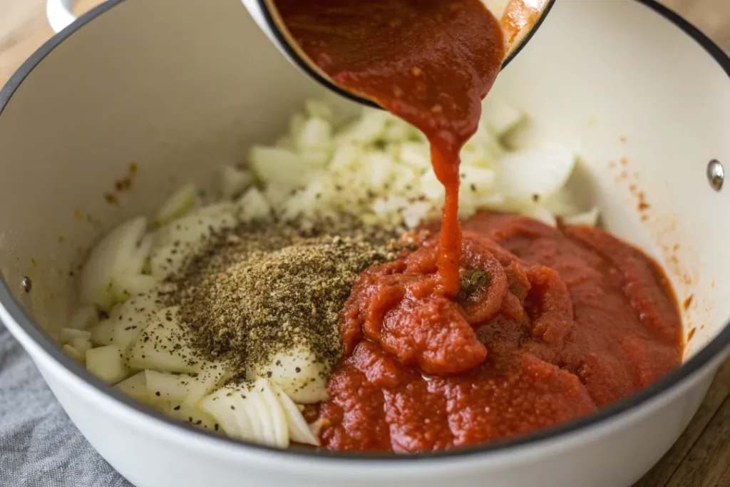 Tomato puree added to spices for Moroccan Black-Eyed Peas