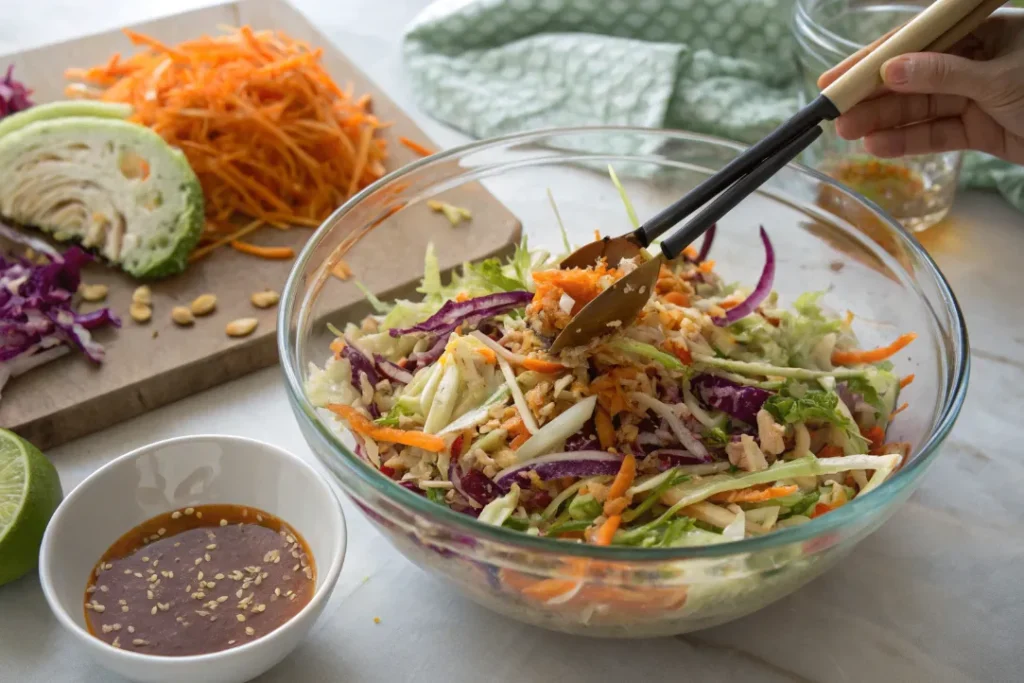 Tossing fresh cabbage and carrots with sesame dressing to make Asian Coleslaw