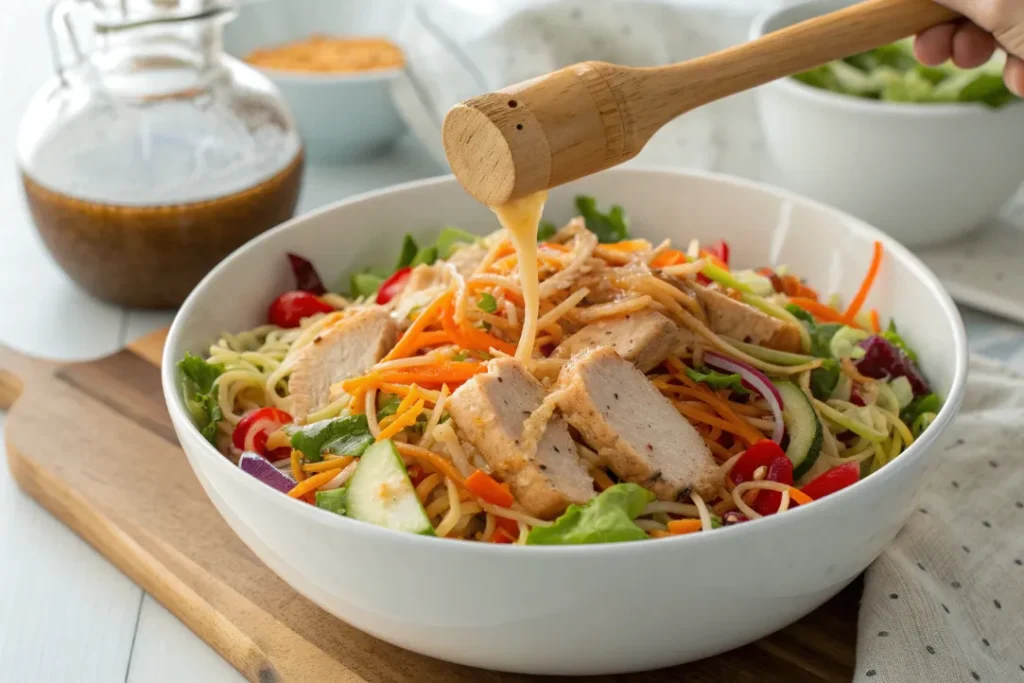 Tossing noodles, chicken, and vegetables with sesame dressing in a large bowl