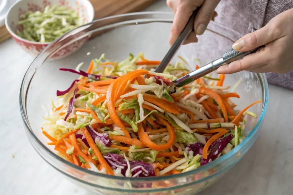 Tossing cabbage and vegetables in Asian Slaw dressing with tongs in a bowl.