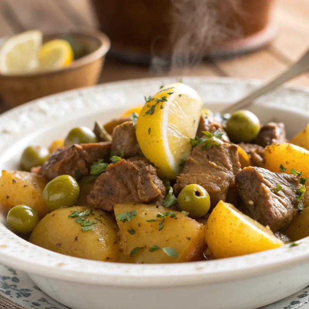 Close up overhead shot of Lamb Potatoes and Olives Tagine with potatoes olives and herbs