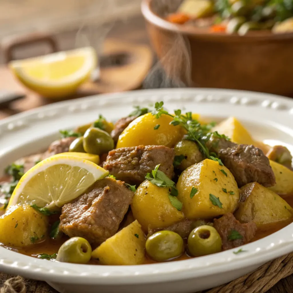 Close up overhead shot of Lamb Potatoes and Olives Tagine with potatoes olives and herbs