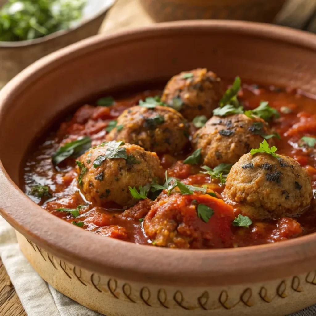Close-up overhead photo of Moroccan sardine balls tagine in tomato sauce with herbs in a white dish
