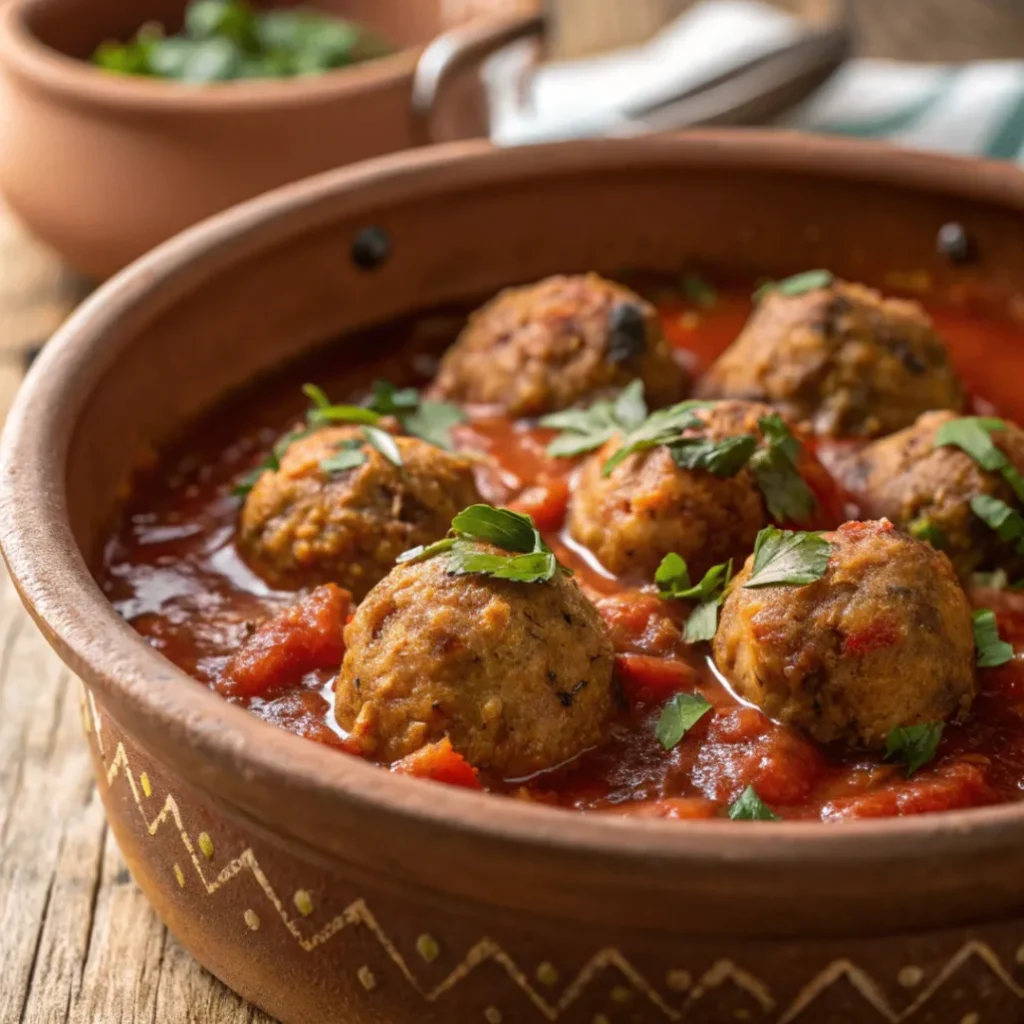 Close-up overhead photo of Moroccan sardine balls tagine in tomato sauce with herbs in a white dish