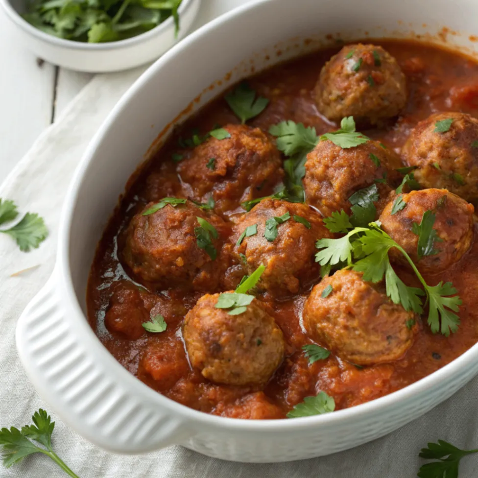 Close-up overhead photo of Moroccan sardine balls tagine in tomato sauce with herbs in a white dish
