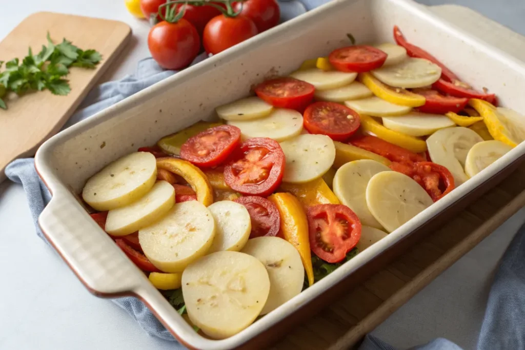Sliced potatoes and vegetables in a dish for Moroccan Fish Tagine.