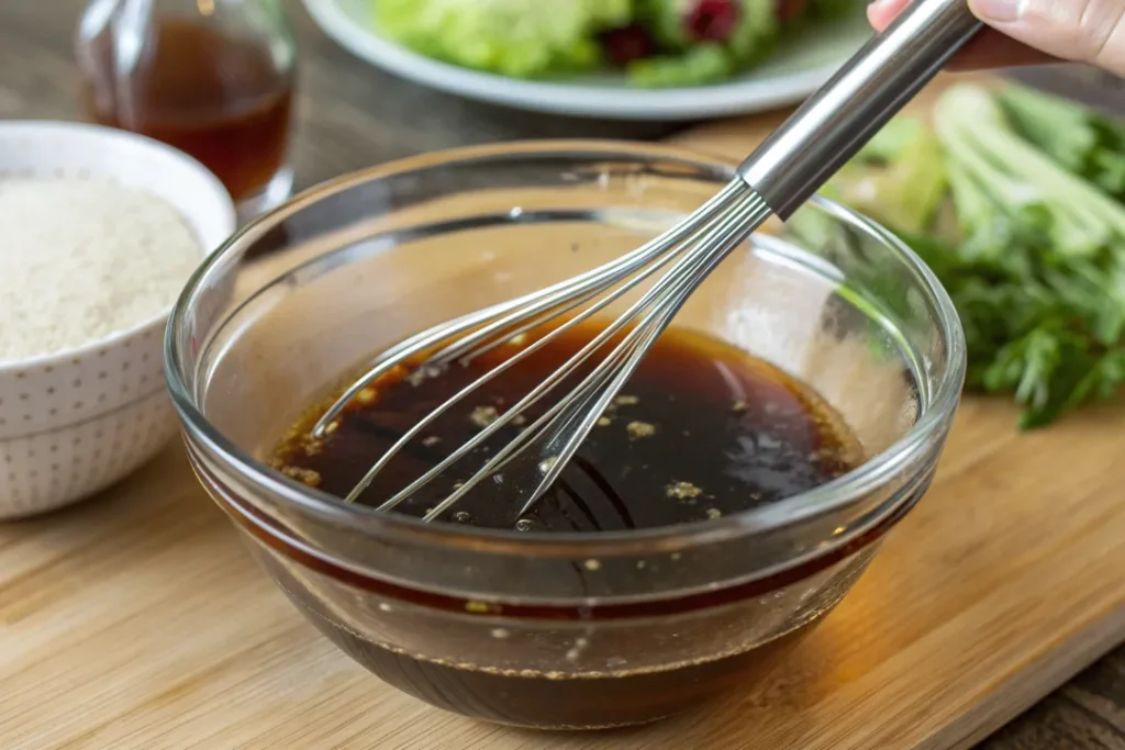 Whisking rice vinegar, sugar, and soy sauce for cucumbers in rice vinegar dressing