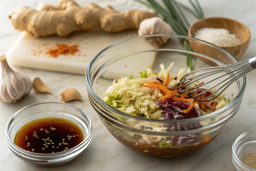 Whisking soy sauce, sesame oil, and rice vinegar to make Asian Slaw dressing.