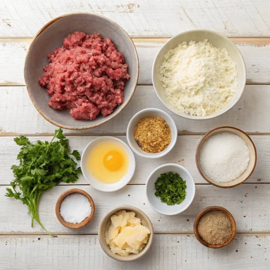 A flat lay of fresh ingredients for chef john's italian meatballs, including ground beef, pork, breadcrumbs, Parmesan, herbs, and garlic on a rustic table