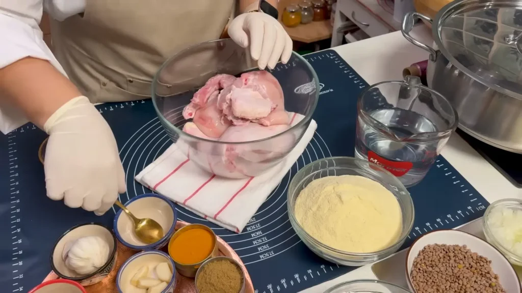 Ingredients for Moroccan Chicken Rfissa including chicken, onions, lentils, herbs, and spices arranged on a table