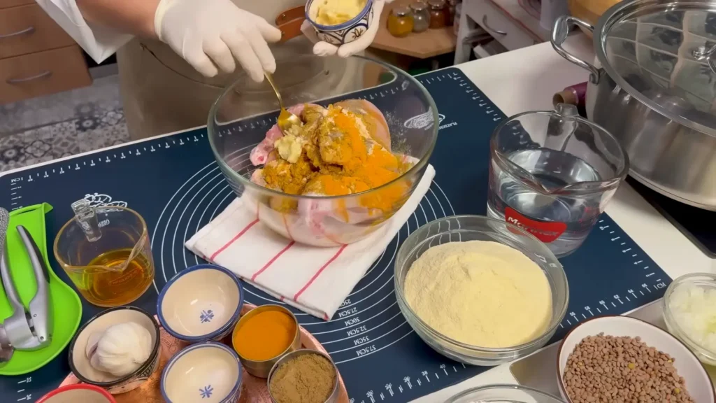 Ingredients for Moroccan Chicken Rfissa including chicken, onions, lentils, herbs, and spices arranged on a table