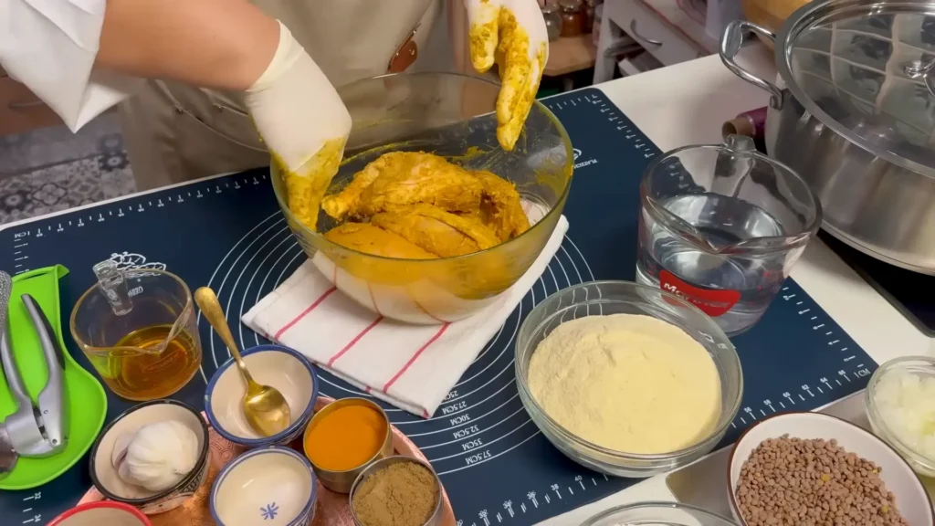 Ingredients for Moroccan Chicken Rfissa including chicken, onions, lentils, herbs, and spices arranged on a table