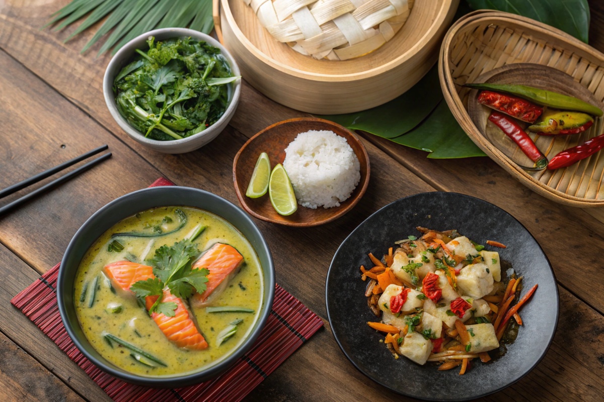 Overhead view of authentic Asian dishes including Thai green curry, teriyaki salmon, dumplings, bibimbap bowl, and butter chicken arranged on wooden table